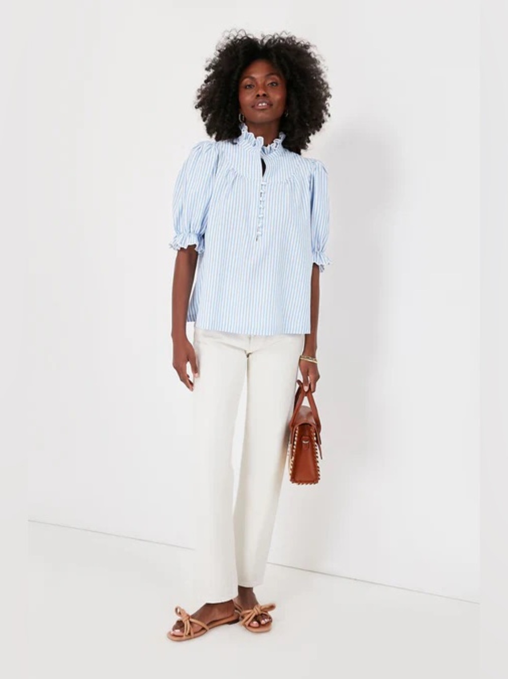 Pomander Place Light Blue Striped Ruffle Neck Blouse